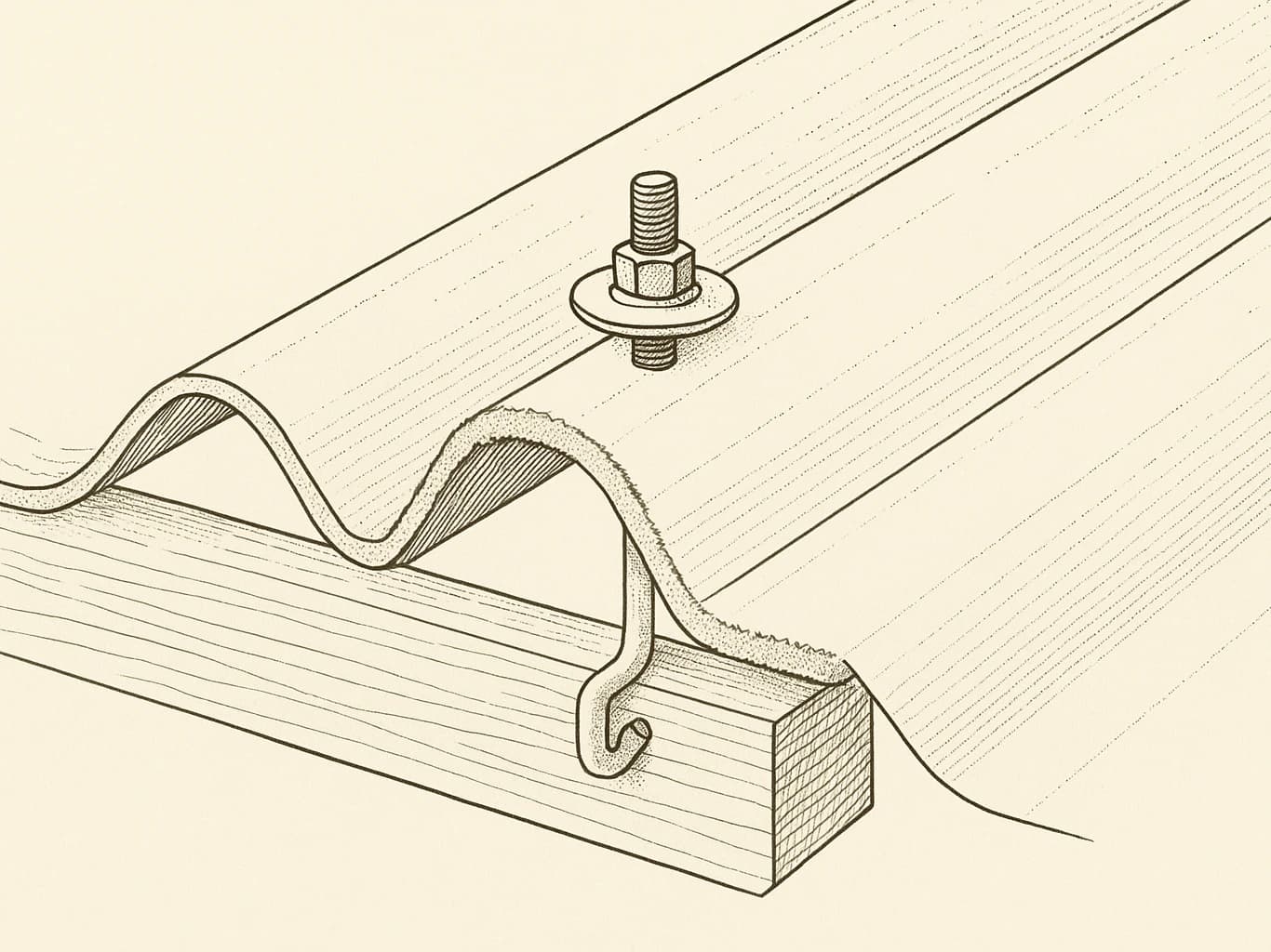 Detail van de onderrand van een vezelcement golfplaat met haakbout en ring, rustend op een houten gording