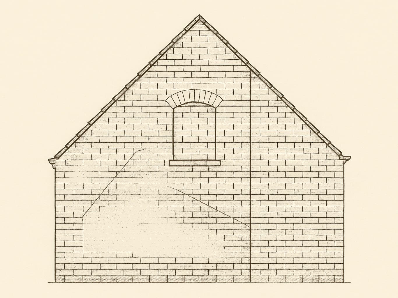 Alte Ziegel-Giebelwand mit den Spuren ihrer eigenen Baugeschichte: ein zugemauertes Fensterloch mit abweichendem Mauerverband, der Abdruck einer entfernten flacheren Dachschräge und eine senkrechte Baufuge