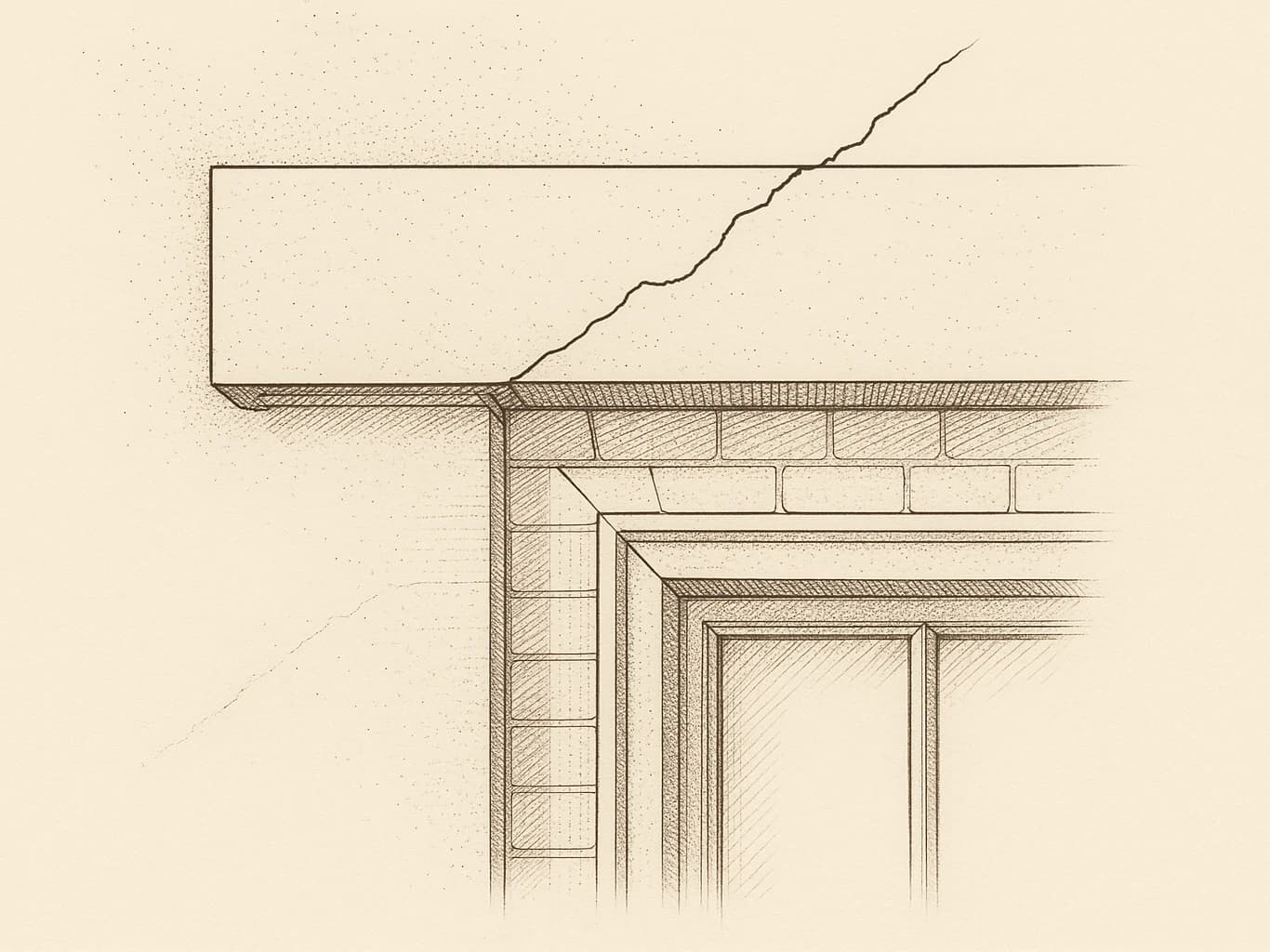 Angle supérieur d'une baie de fenêtre enduite : une fissure fine part du coin et monte en diagonale en suivant les joints de la maçonnerie qui transparaît sous l'enduit