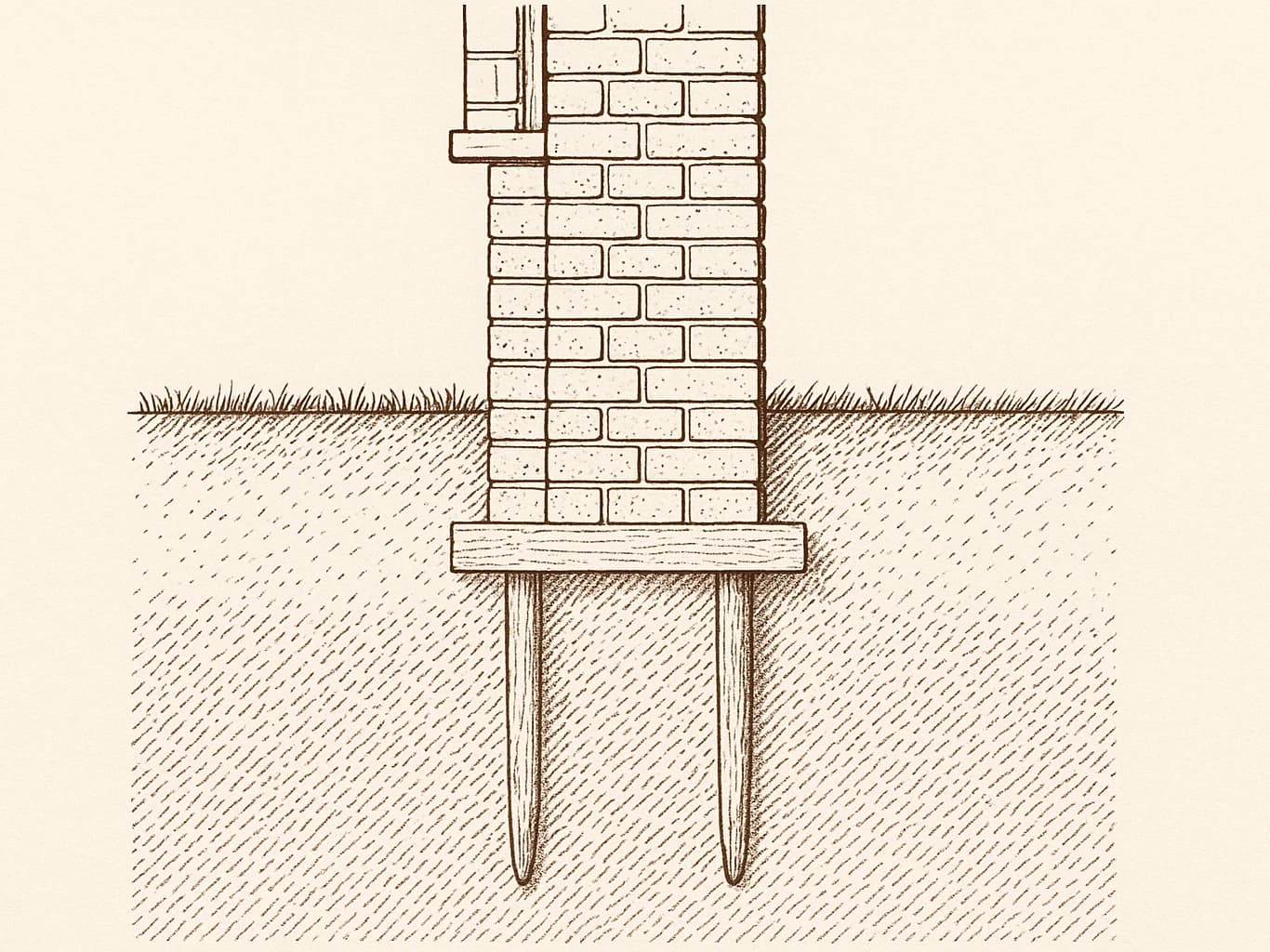 Doorsnede door de voet van een gemetselde muur: het metselwerk loopt door tot onder het maaiveld en eindigt op een houten kesp met twee heipalen
