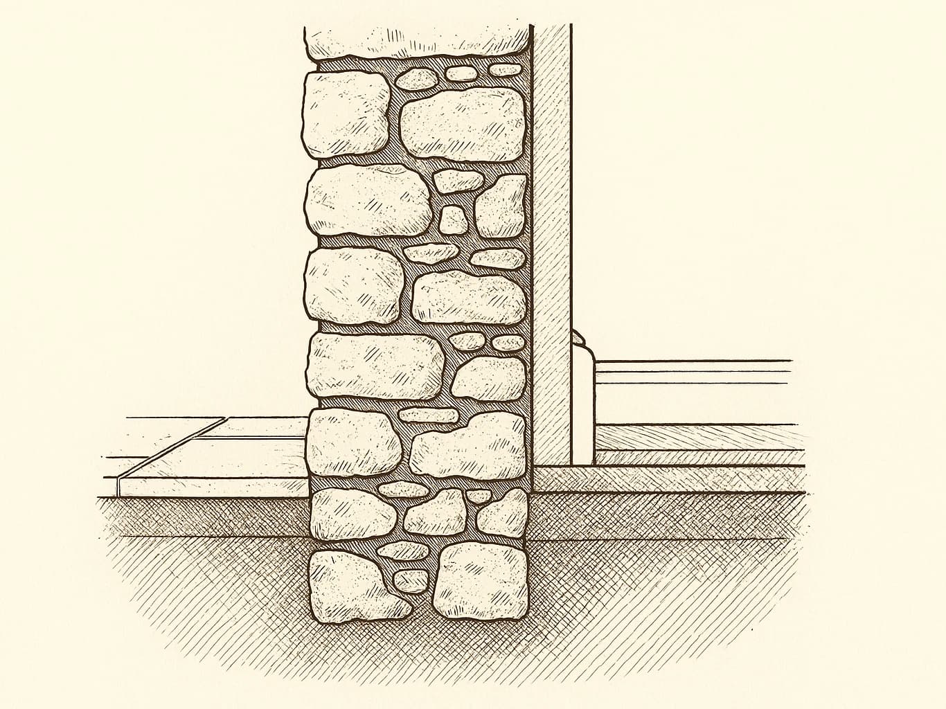Coupe verticale au pied d'un mur ancien en pierre hourdée à la chaux, posé directement sur le sol, avec un dallage extérieur contre le soubassement et, côté intérieur, un plancher qui vient buter contre le mur