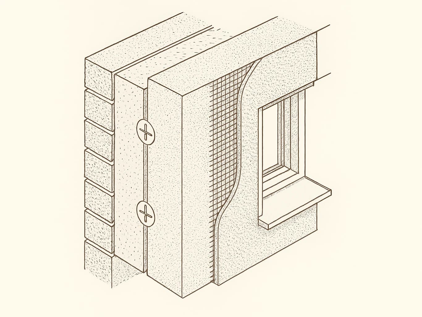 Coupe à travers une isolation thermique par l'extérieur au droit d'un tableau de fenêtre : mur maçonné, panneau isolant chevillé, treillis d'armature dans le sous-enduit, enduit de finition