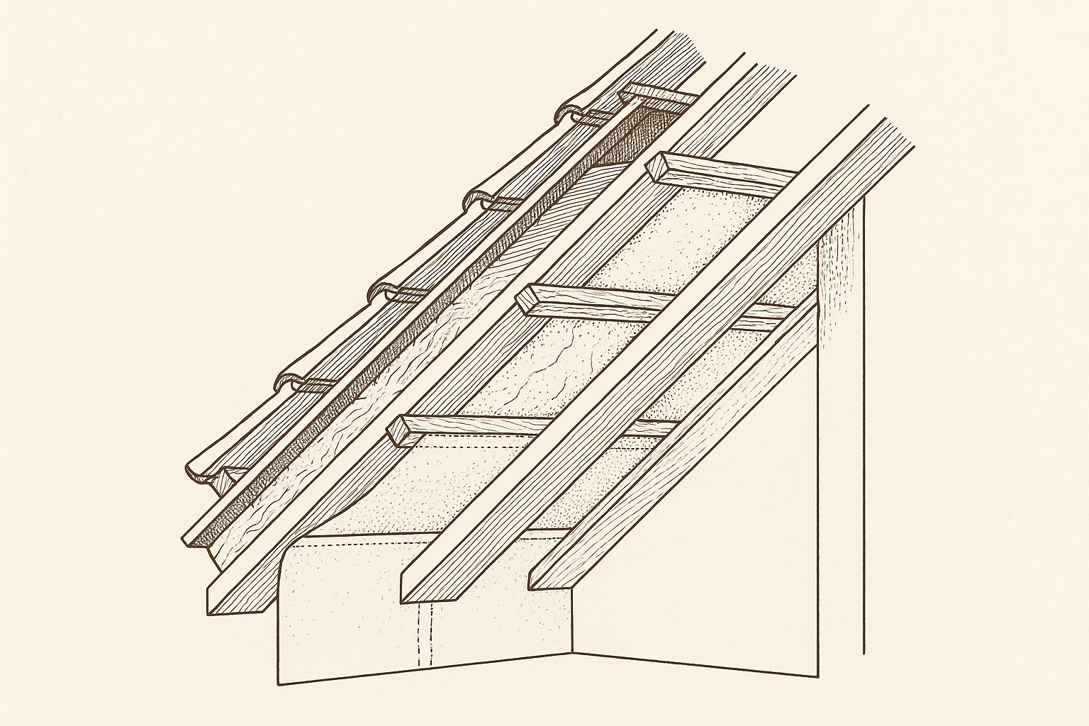 Coupe à travers un rampant de toiture vu de l'intérieur : chevrons, isolant entre chevrons, tasseaux et plaque en sous-face, lame d'air sous les liteaux et les tuiles