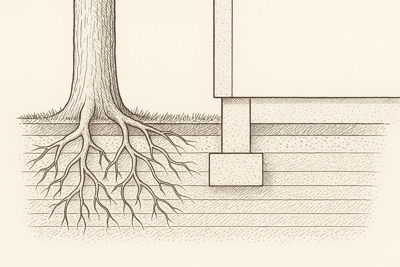 Coupe verticale : un mur de maison repose sur une semelle filante peu profonde, la même couche de sol argileux se poursuit vers un arbre dont les racines s'étendent dans ces couches
