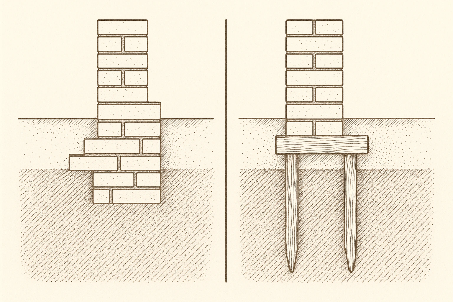 Twee doorsneden naast elkaar: links een muur op een ondiepe, getrapte fundering, rechts dezelfde muur op een houten kesp met twee heipalen
