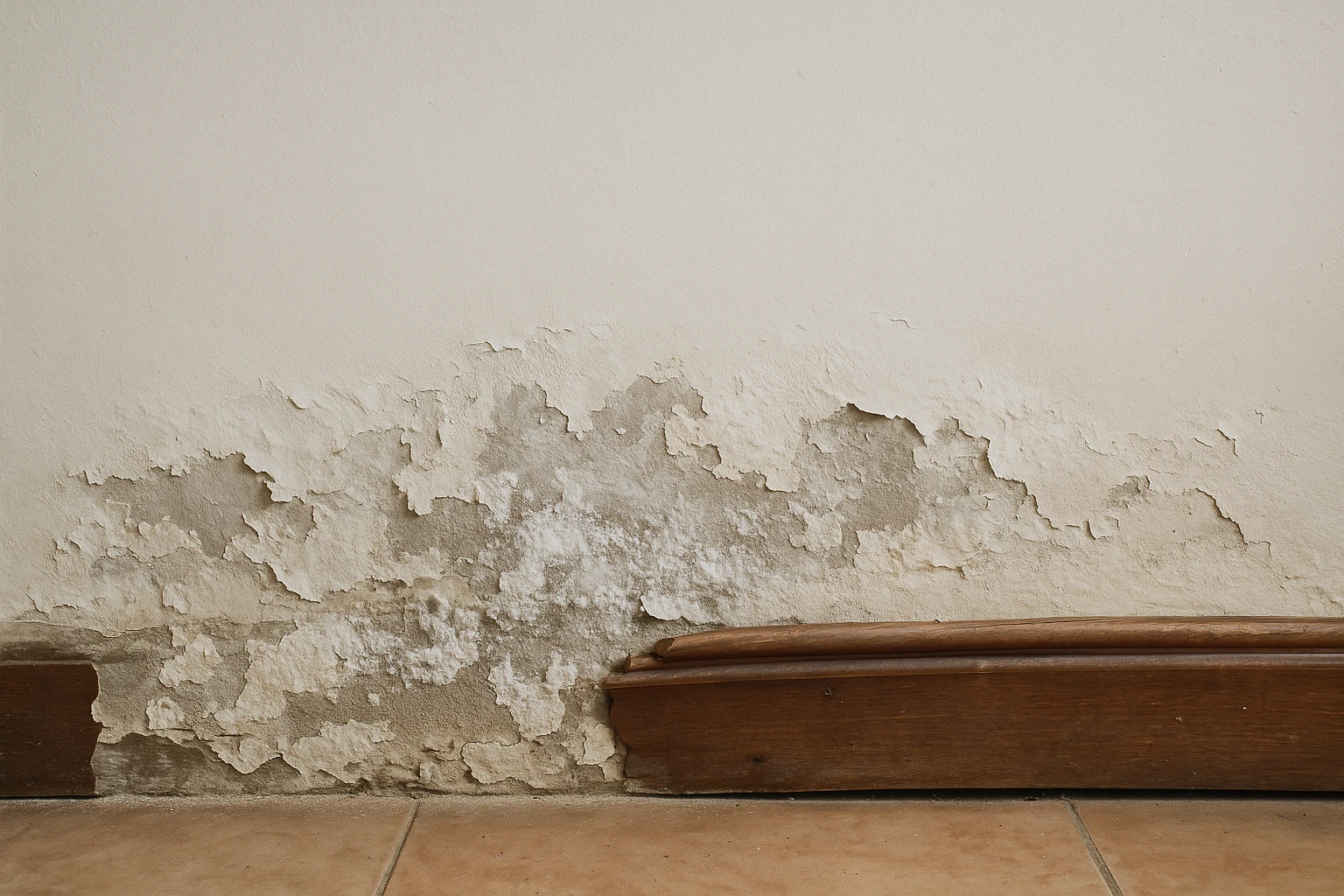 Bas d'un mur intérieur ancien : peinture cloquée et écaillée, efflorescences blanches sur l'enduit, plinthe gonflée qui se décolle, la dégradation s'arrête sur une ligne à peu près horizontale